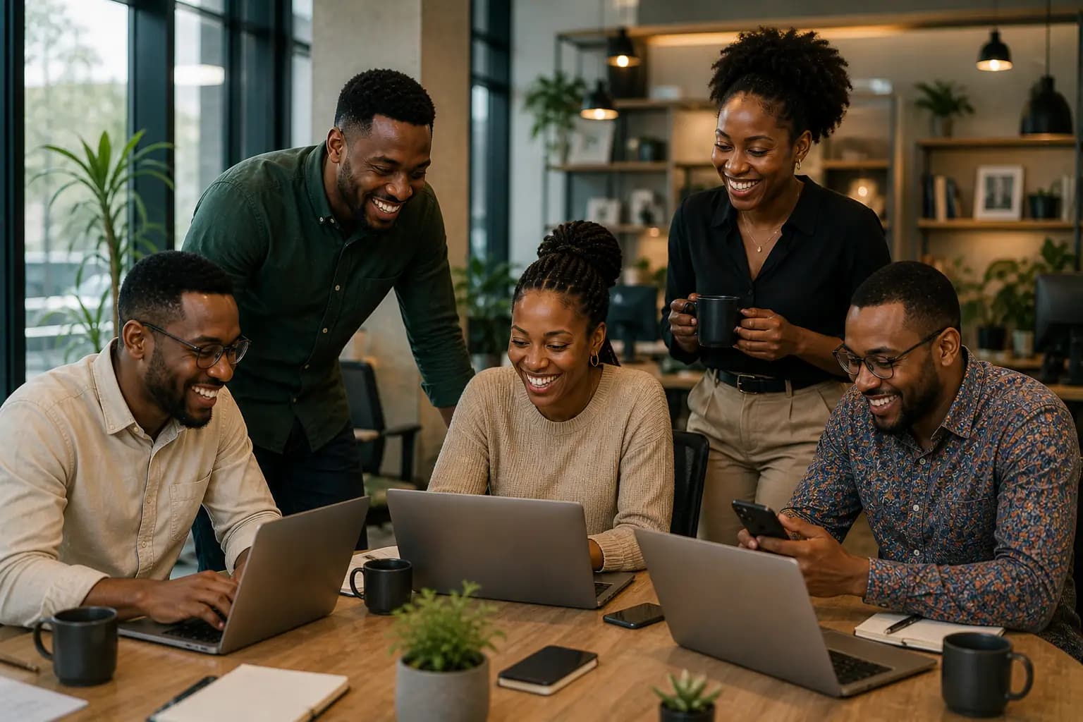 African business team collaborating with AI