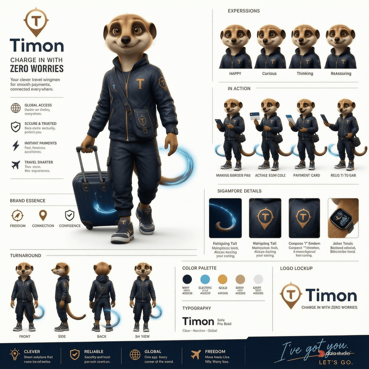 Design a premium mascot identity sheet for Timon, a global fintech and travel platform. Create Timon, an ORIGINAL anthropomorphic meerkat with a timeless, instantly recognizable design. Do NOT resemble Disney's Timon or any existing mascot. Timon represents stress-free travel, borderless payments, global connection, curiosity, trust, and confidence. His personality is "the smartest traveler in the airport." He always knows the best route, the fastest payment, and the easiest solution. Appearance: upright human proportions, slim athletic build, expressive amber eyes, warm confident smile, realistic meerkat fur, long elegant tail that curves into a glowing flight path, creating his signature silhouette. Outfit: premium navy travel bomber inspired by luxury airline uniforms and Rimowa, structured fit, gold hardware, subtle compass embroidery, passport-stamp lining, compass/location-pin "T" emblem, tapered travel pants, premium sneakers, elegant passport crossbody bag, sleek smartwatch. Main pose: Timon walks confidently toward the viewer, rolling a premium carry-on suitcase while looking back with a reassuring smile, inviting the viewer to follow. His posture is relaxed and effortless, saying "I've already taken care of everything." Include character turnaround panels: Front, Side, Back and 3/4 views. Include expressions: Happy, Curious, Thinking, Confident, Excited and Reassuring. Include action poses: checking boarding pass, activating eSIM, paying with card, using phone, helping a traveler. Minimal white presentation background with subtle navy accents. Hero character occupies 70% of the layout. Small branding only: "Timon" and "Charge In With Zero Worries." Style: award-winning corporate mascot, Pixar-quality 3D, Apple-level branding, clean industrial design, ultra-detailed, iconic, collectible. Negative: Disney, Lion King, generic hoodie, cyberpunk, holograms, clutter, poster, busy background, oversized head, stiff pose..